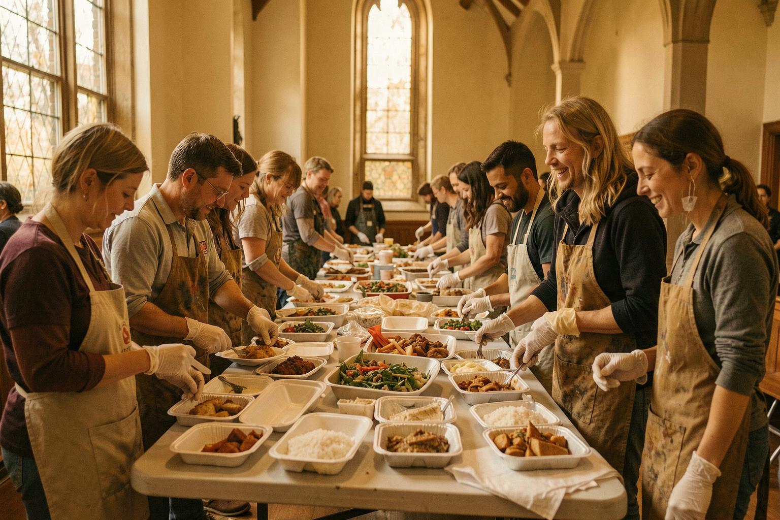 Volunteers packing hot meals at a community meal in Cleveland