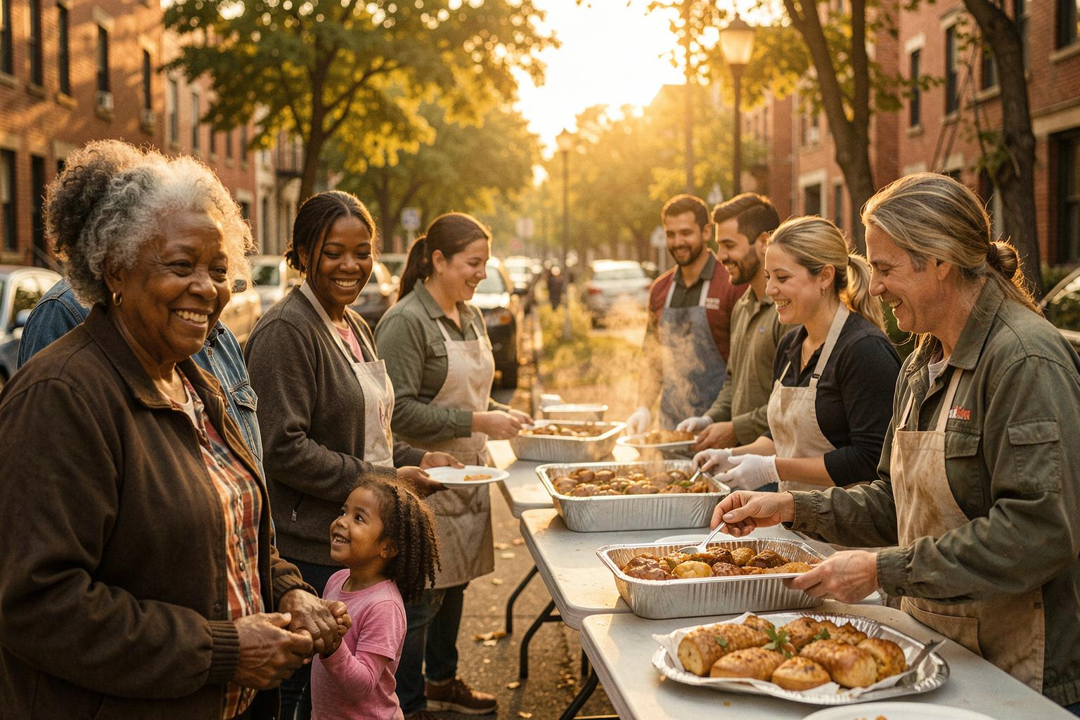 Neighbors lined up at a community meal in Cleveland, served by a team of volunteers from diverse backgrounds