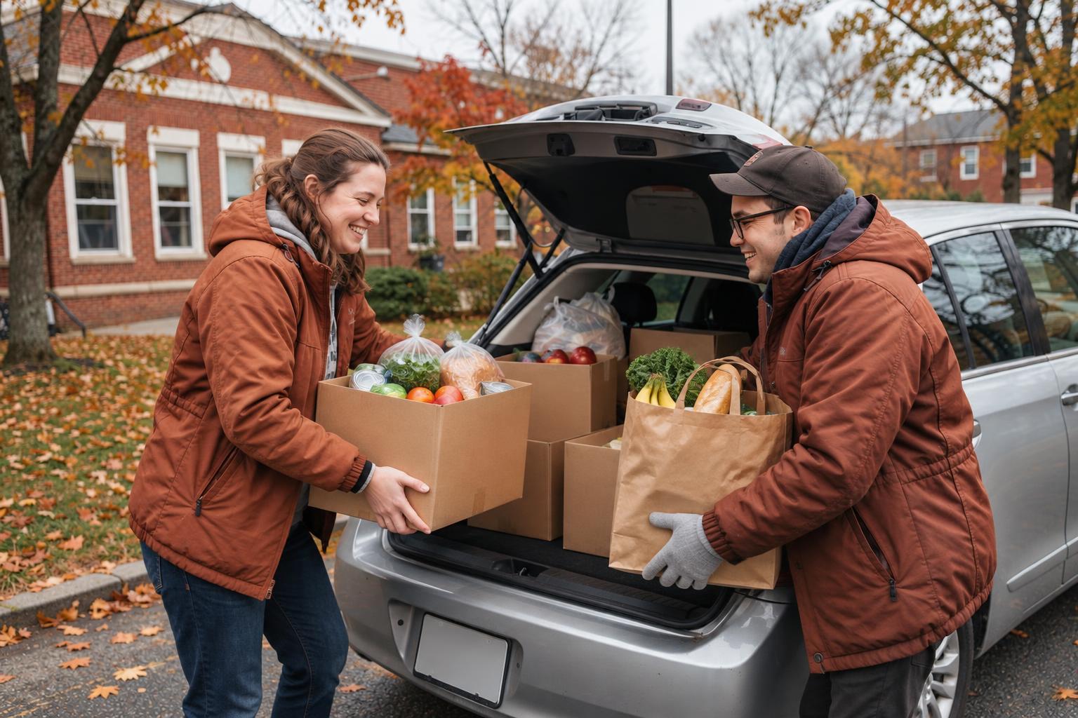 Volunteers loading food boxes into a car outside a Cleveland community center