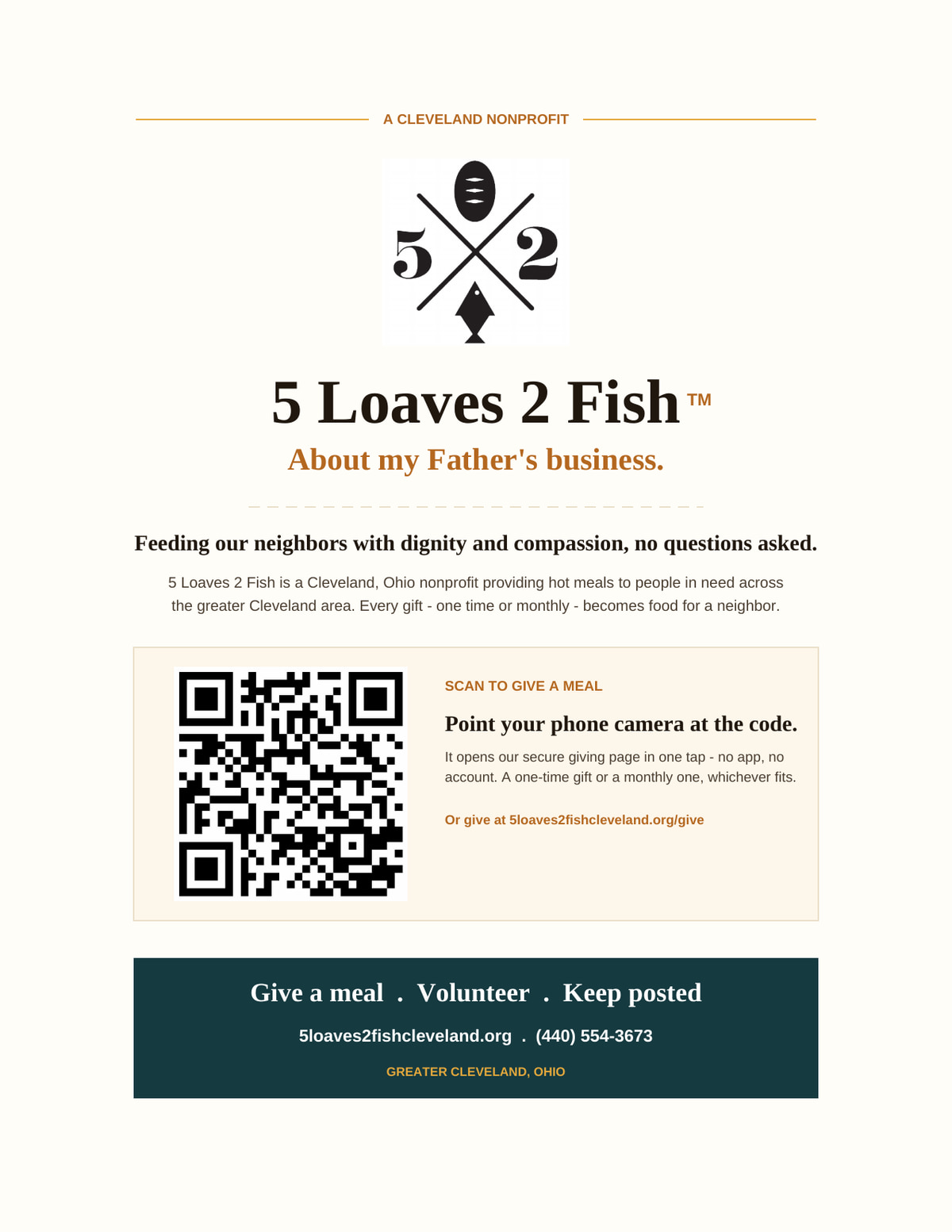 The 5 Loaves 2 Fish printable flyer — the logo, the name, the slogan, and a QR code that opens the giving page