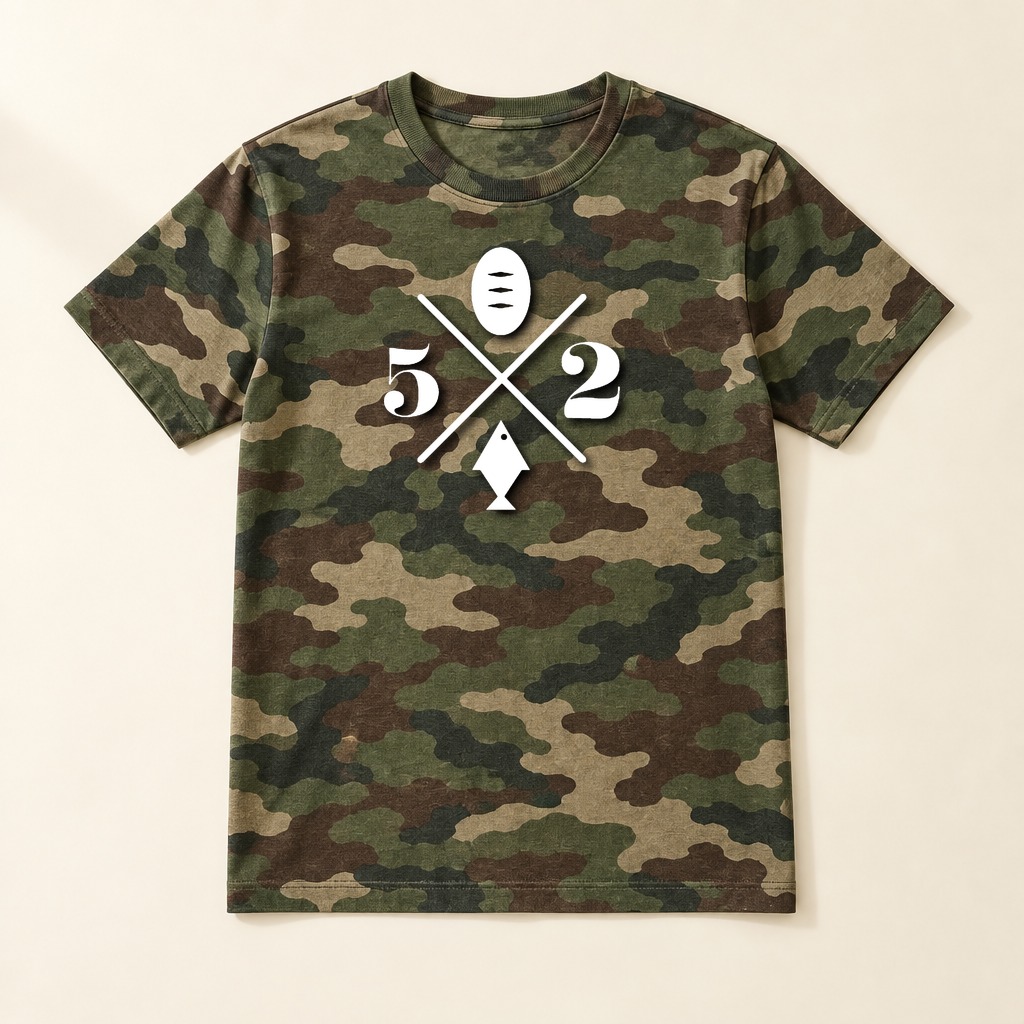 A camouflage t-shirt in greens and browns with the 5 Loaves 2 Fish logo printed in white on the chest